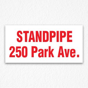 Standpipe 250 Park Ave. Sign in Red Text