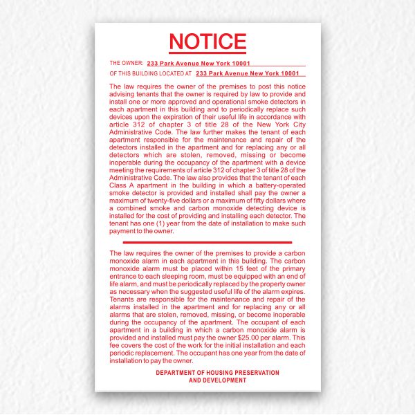 Smoke Detectors & Carbon Monoxide Notice NYC in Red Text