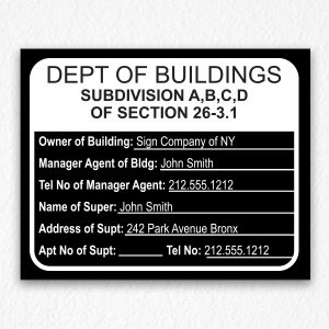 Department of Building Sign with Owner Information NYC in Black