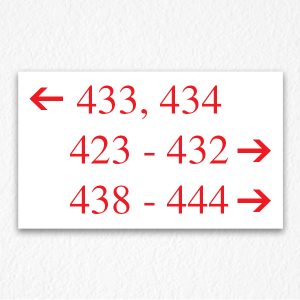 Directional Room Number Sign in Red text