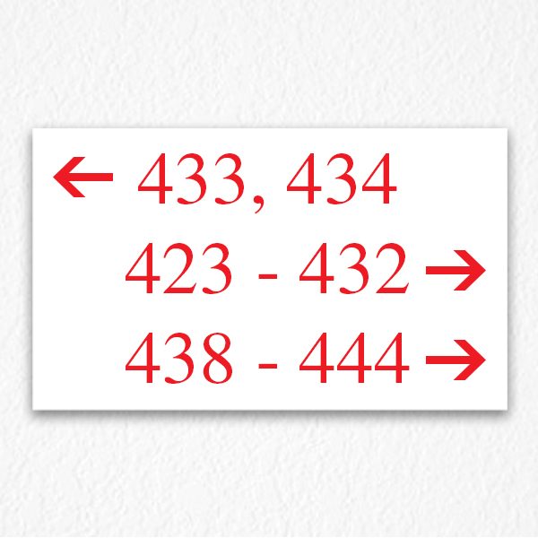 Directional Room Number Sign in Red text