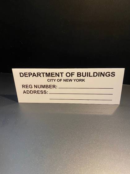 Department of Buildings registration number sign