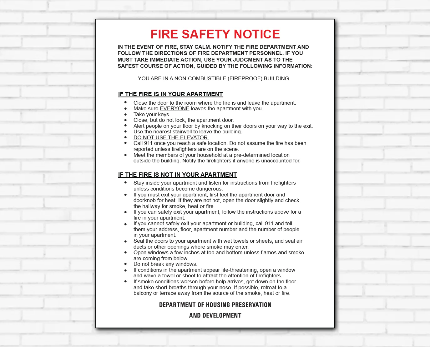 FDNY fire safety notice for a non-combustible fireproof NYC apartment building