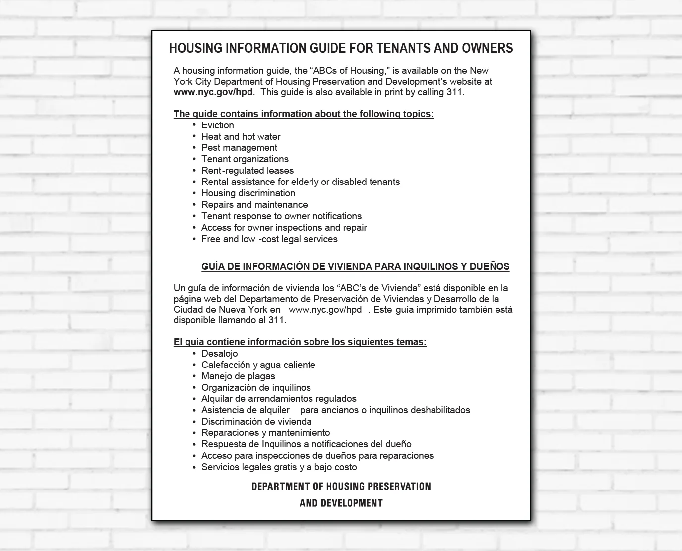 Housing Information Guide for Tenants and Owners notice in English and Spanish